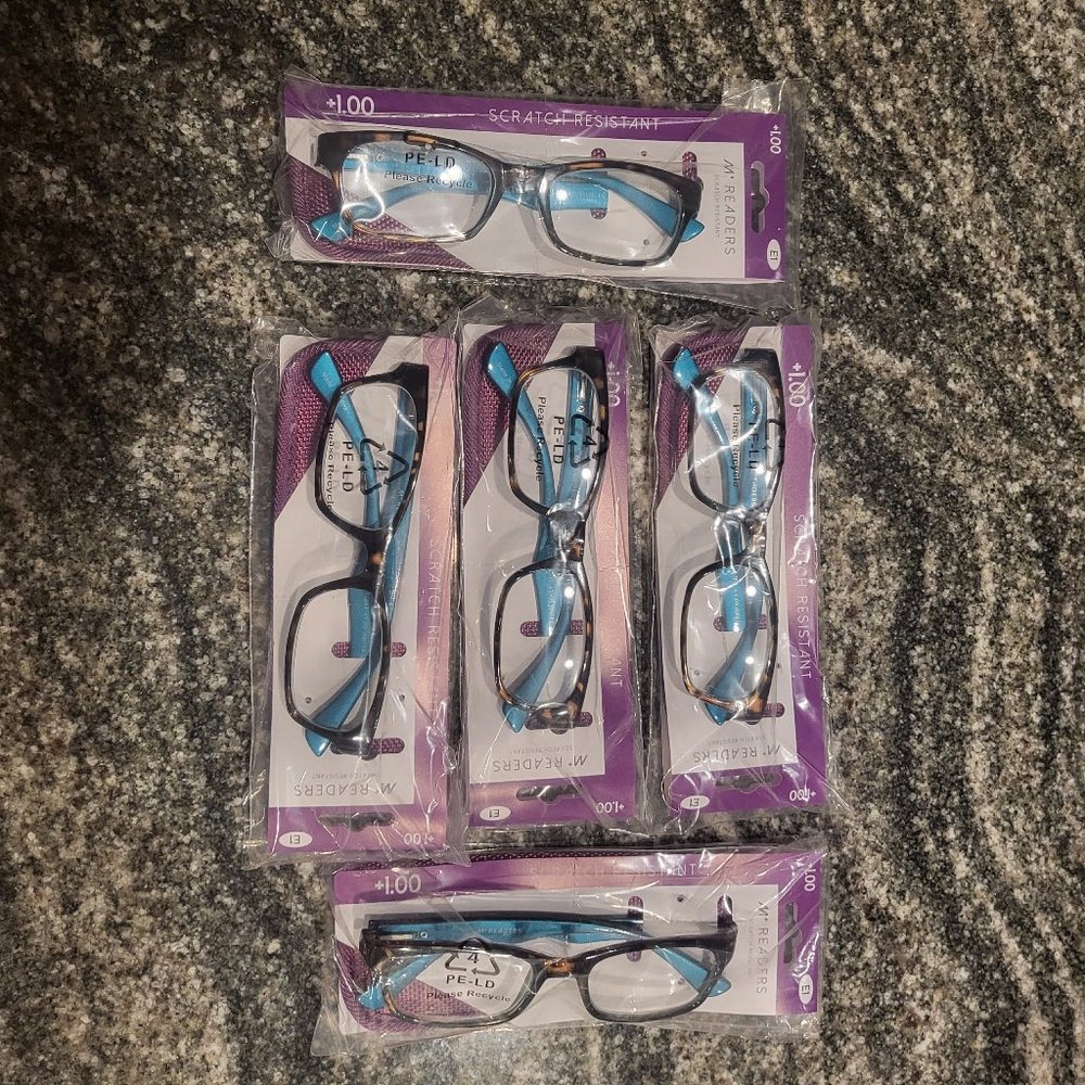 Reading Glasses - Pack of 5 w/Cases  +1.00 Colleen by M+ NEW!
